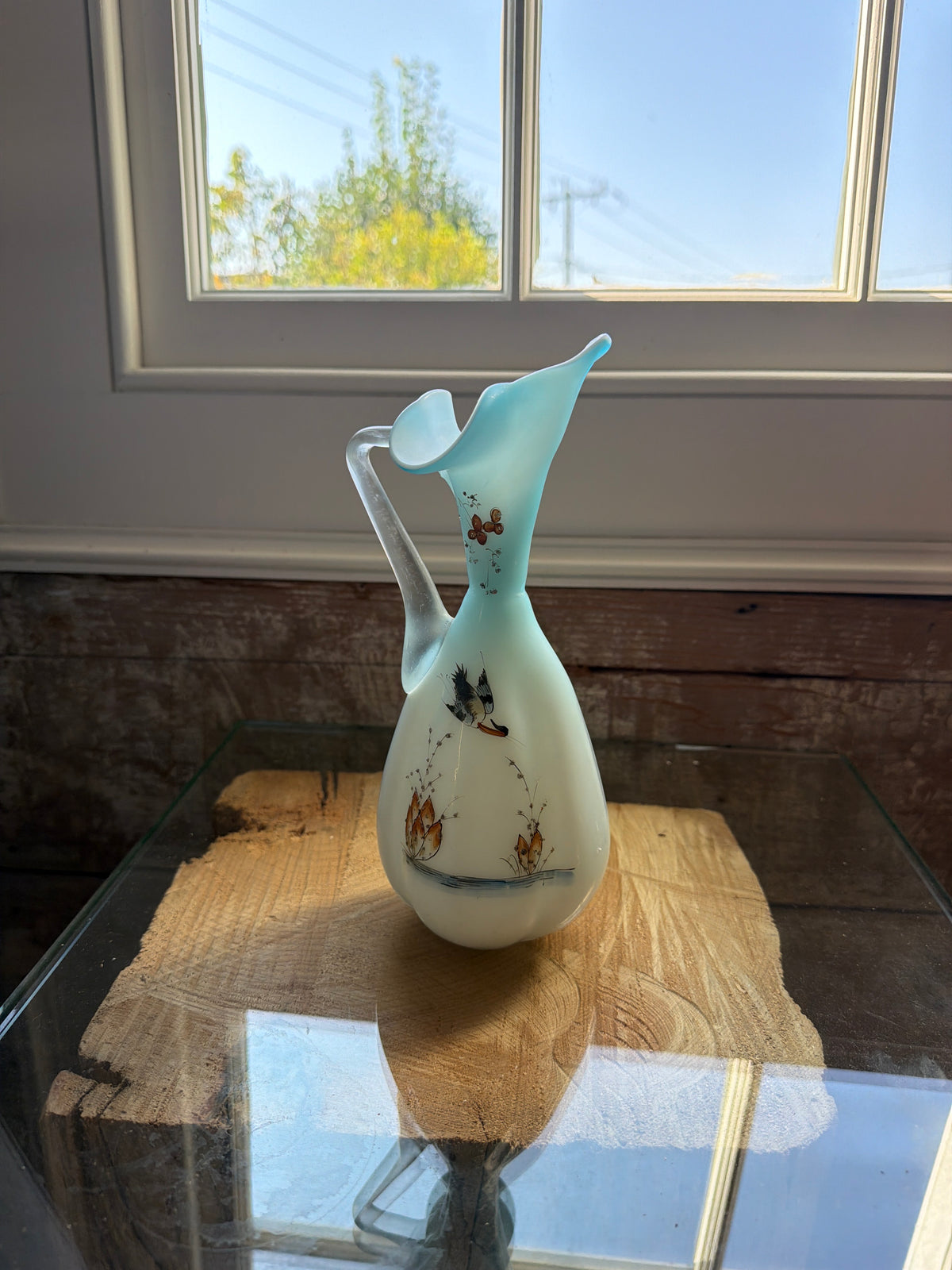 Light blue glass painted jug/ vase