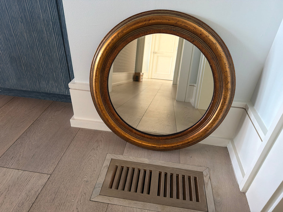 Round wooden gold tone mirror
