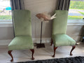 Pair of antique high back chairs recovered in mint green plush fabric