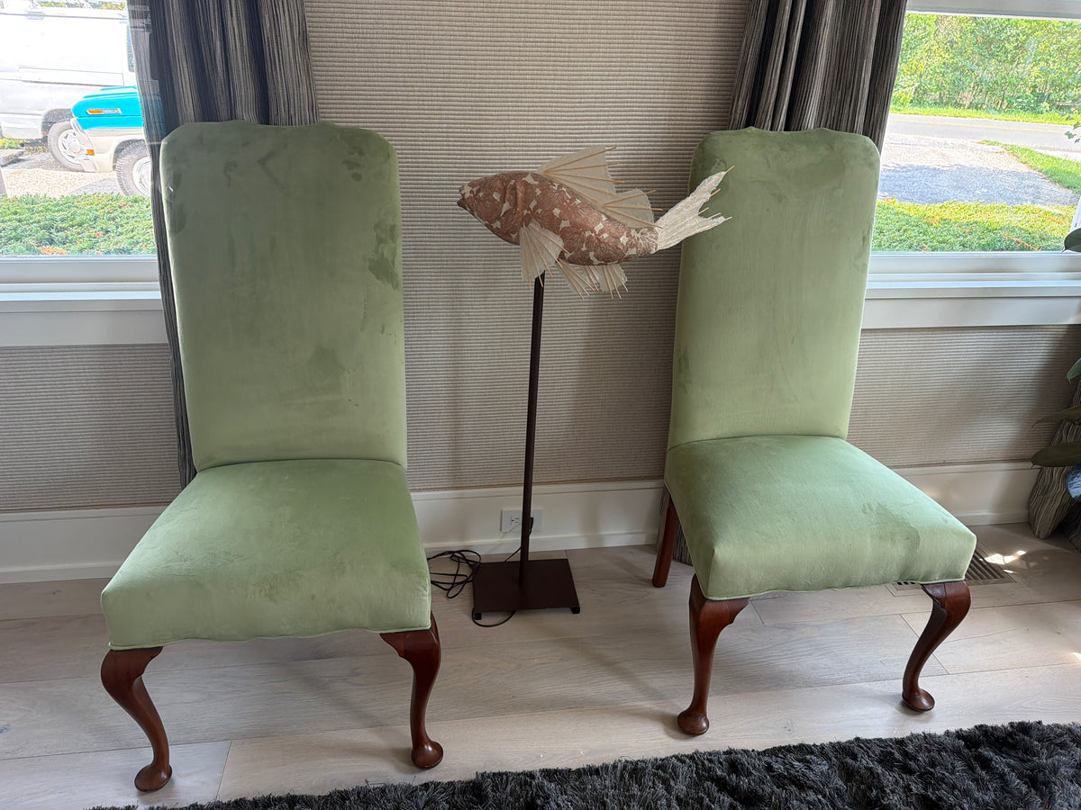 Pair of antique high back chairs recovered in mint green plush fabric