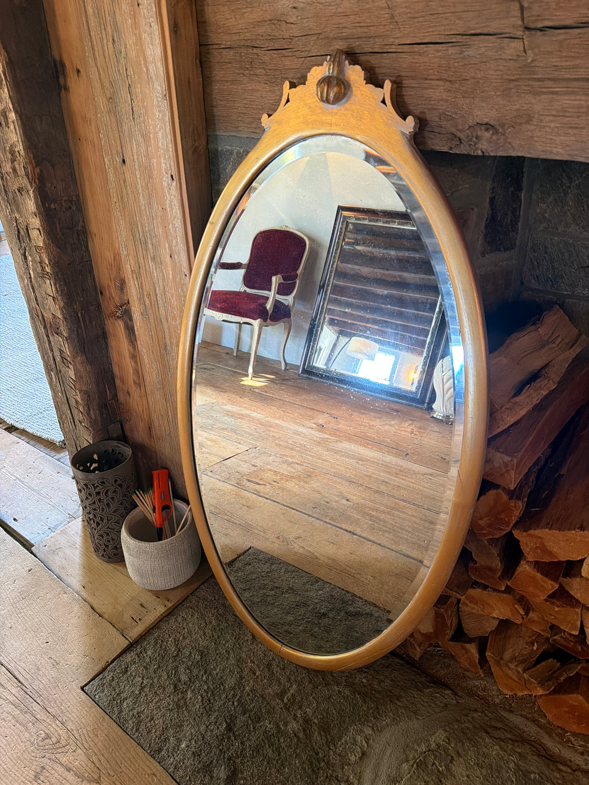Hollywood Regency Oval double beveled wooden mirror