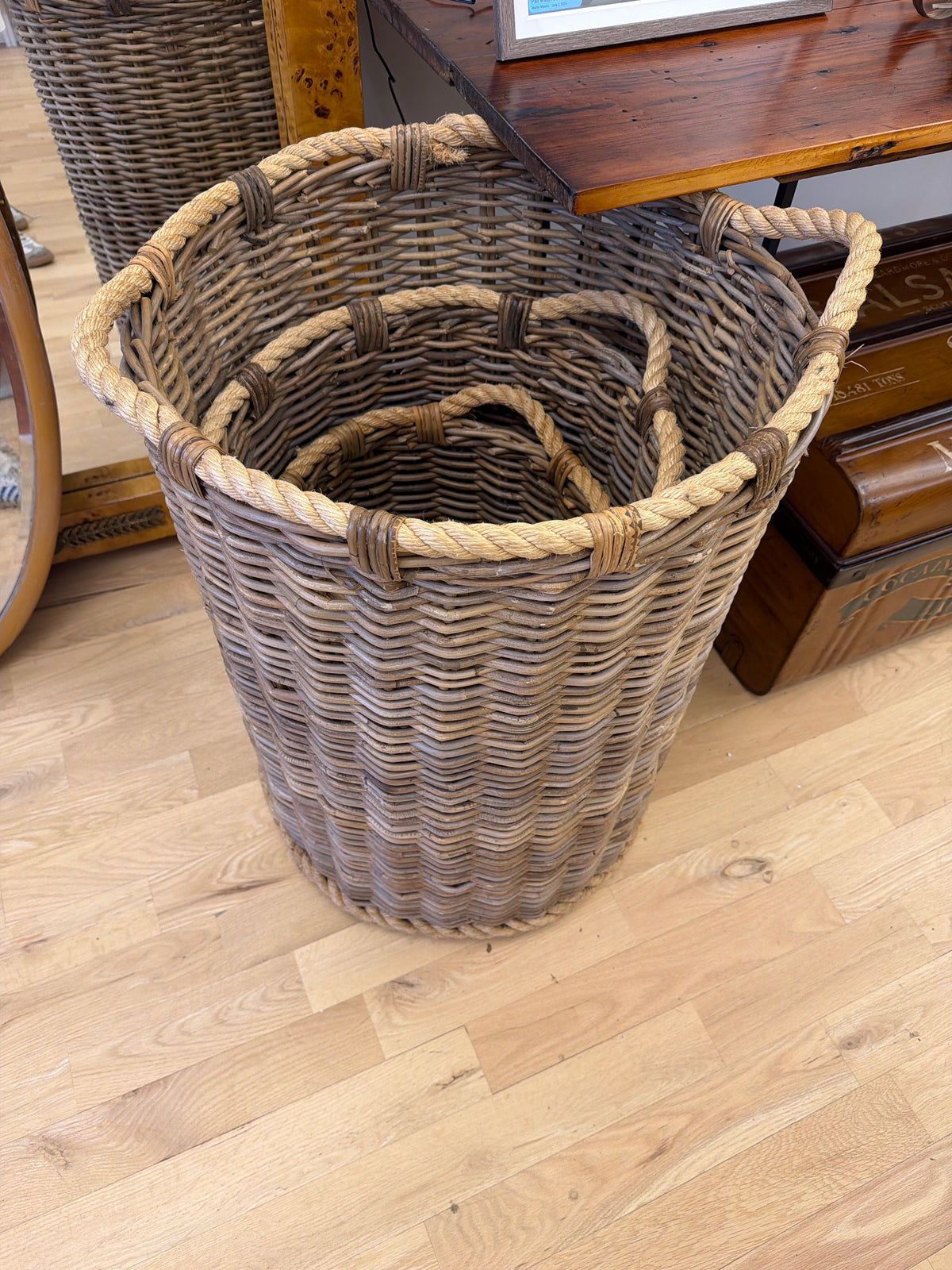 Set of three strong wicker baskets