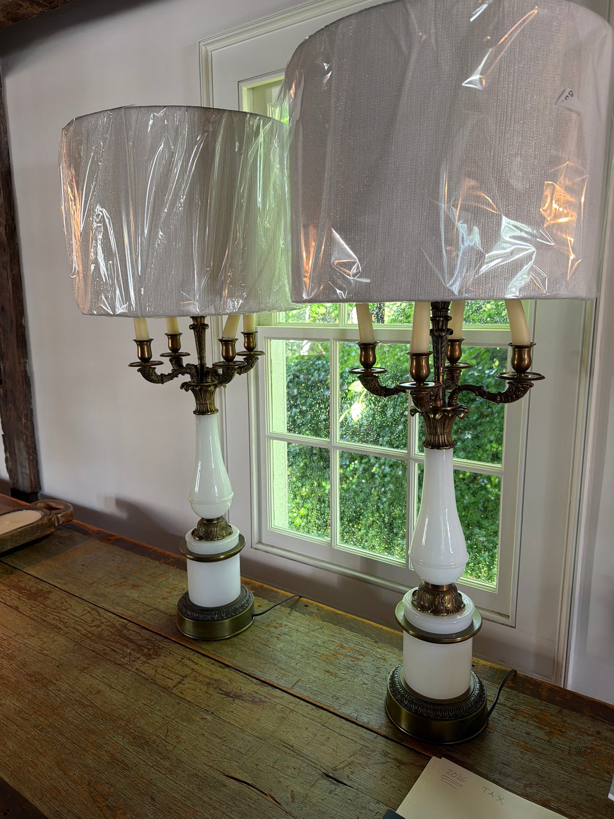Pair of white glass and metal lamps