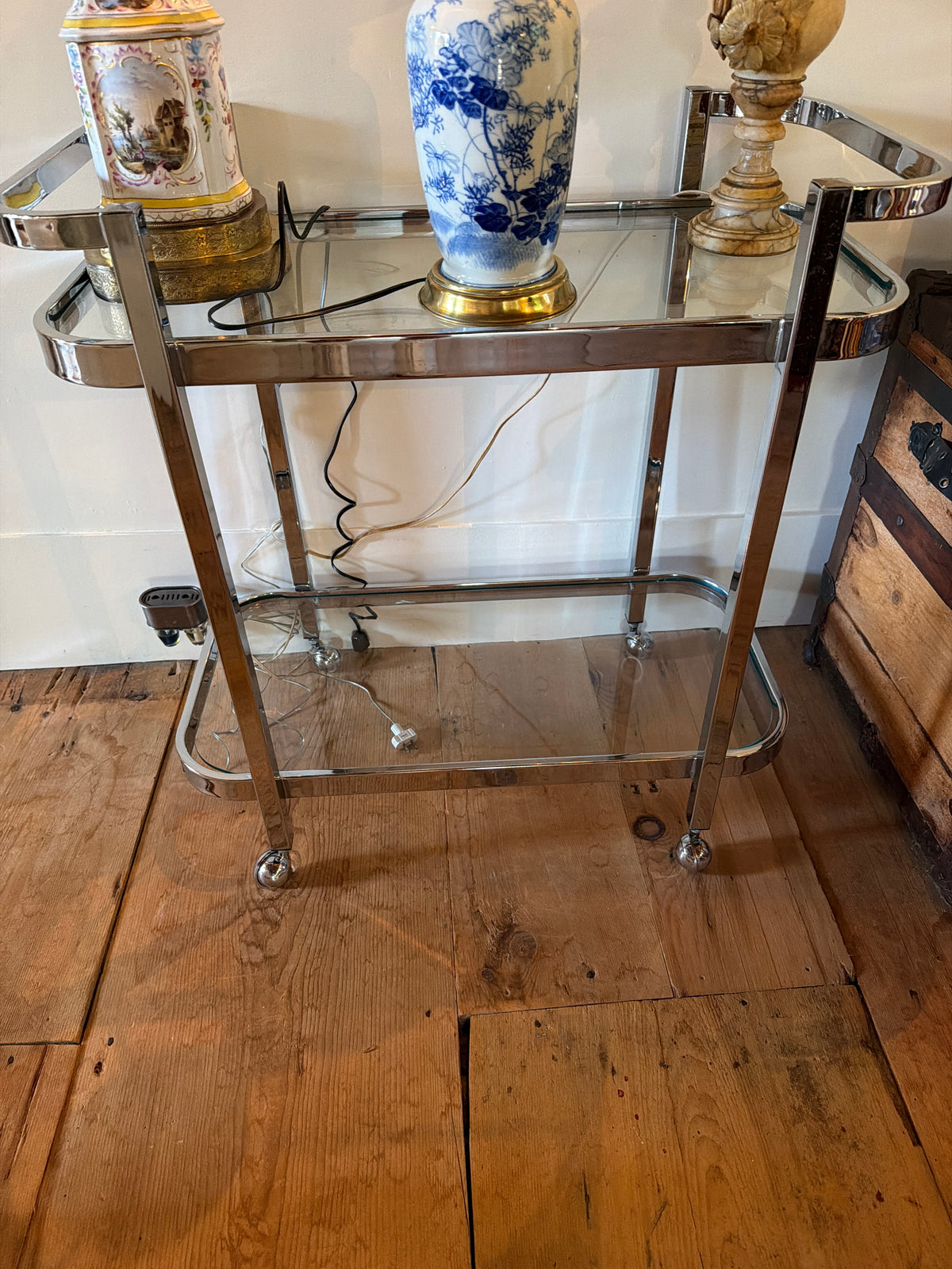 Chrome and glass bar cart.