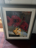 Red floral signed oil painting
