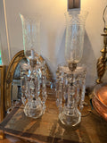 Pair of Hollywood regency cut crystal and etched glass hurricane table lamps