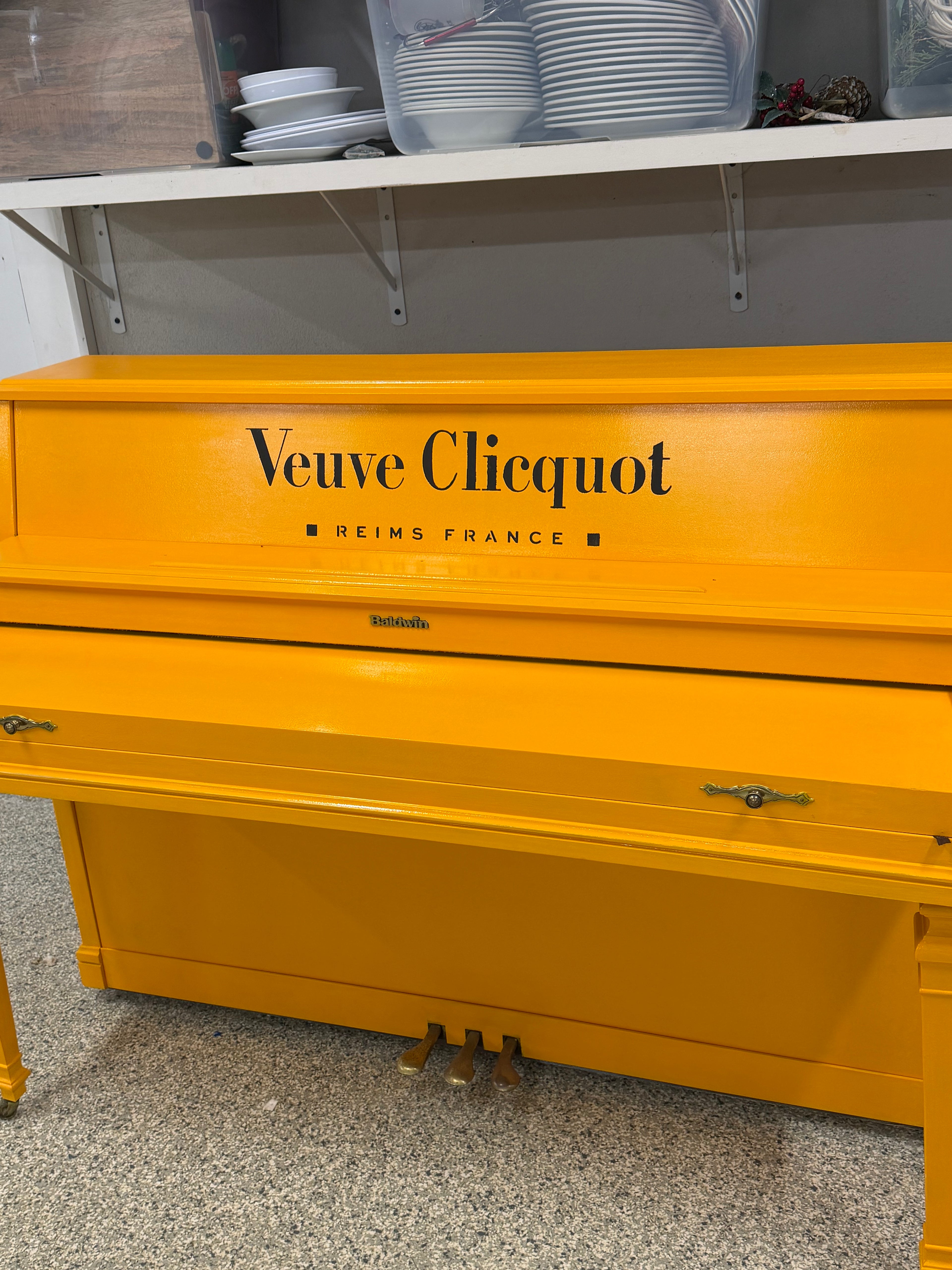 Baldwin piano with Veuve Clicquot design