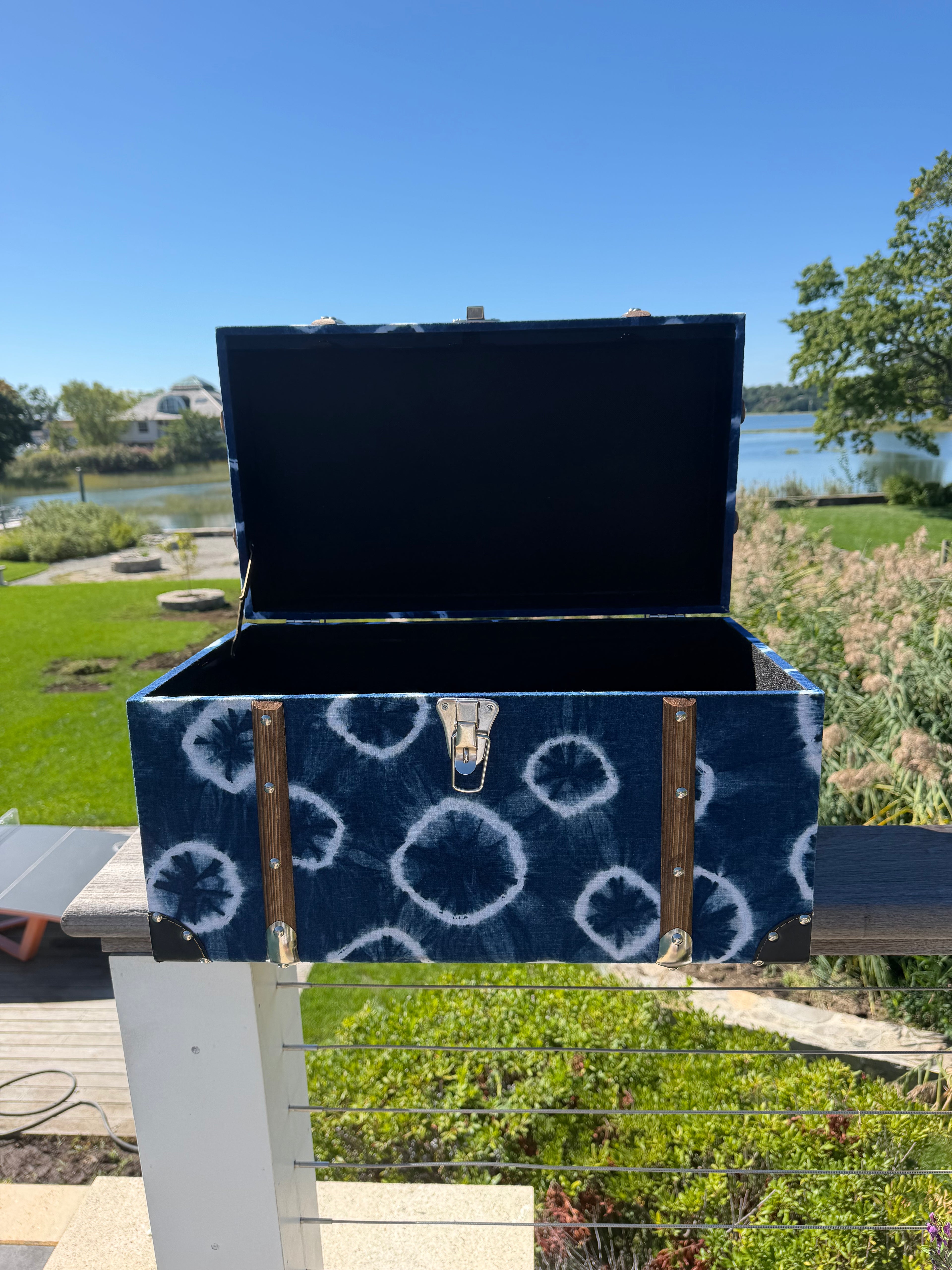 Wood, metal and fabric trinket chest.